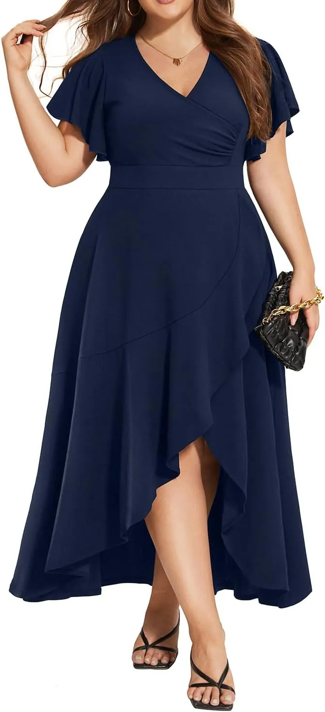 Pinup Fashion Women Plus Size Dresses Wedding Guest - Formal Cocktail Wrap High Low Long Dress
