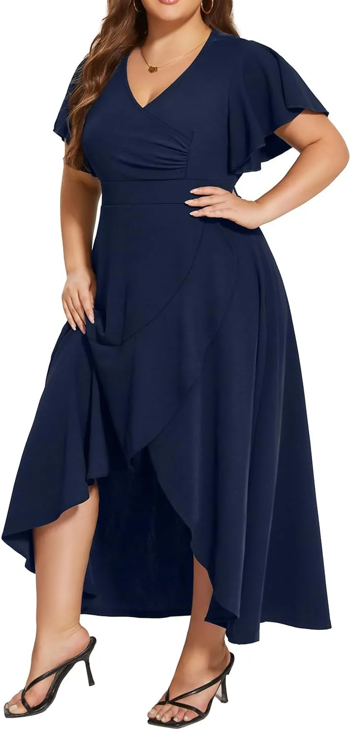 Pinup Fashion Women Plus Size Dresses Wedding Guest - Formal Cocktail Wrap High Low Long Dress