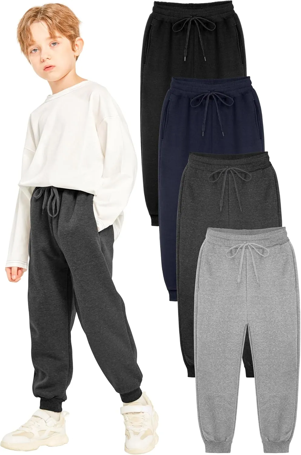 Resinta 4 Pack Boys' Athletic Sweatpants Fleece Active Sweatpants with Pockets Drawstring Jogger Sweatpants