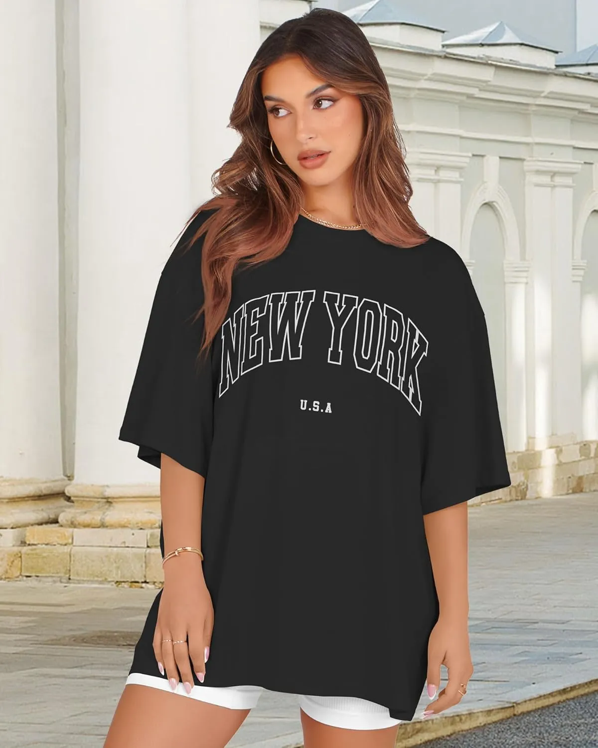 rosemia Oversized Tshirts for Women Summer Short Sleeve Round Neck Graphic Tee Shirt