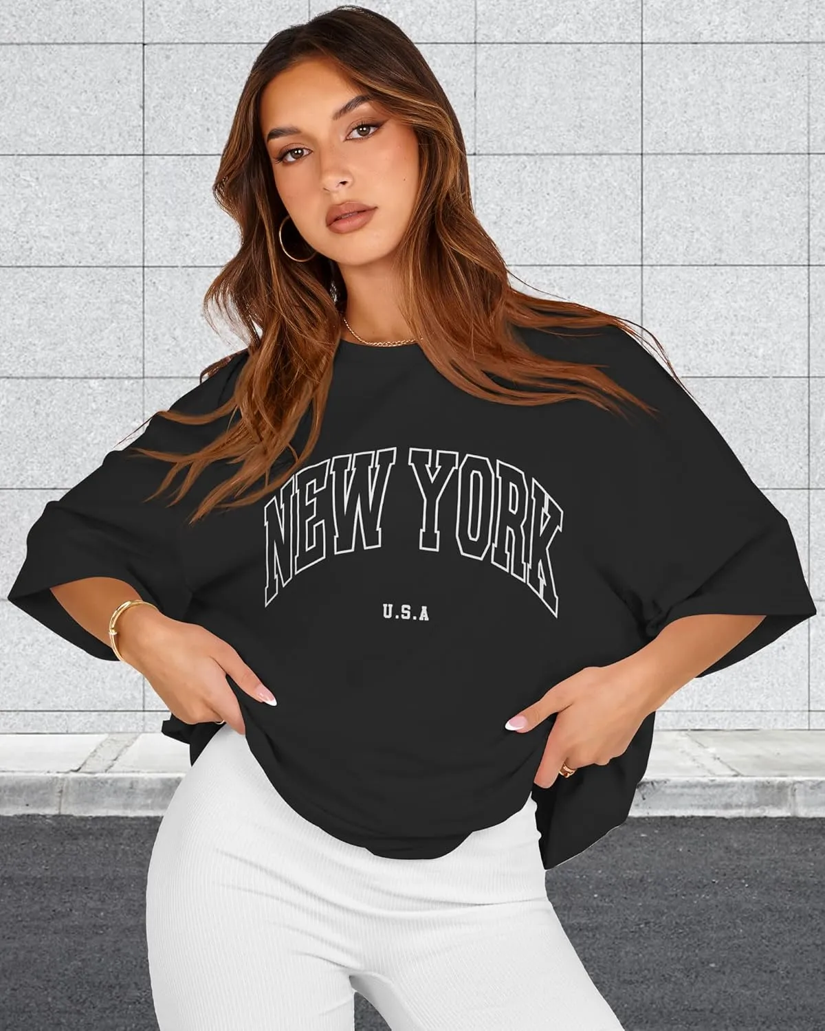 rosemia Oversized Tshirts for Women Summer Short Sleeve Round Neck Graphic Tee Shirt