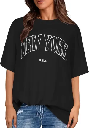 rosemia Oversized Tshirts for Women Summer Short Sleeve Round Neck Graphic Tee Shirt