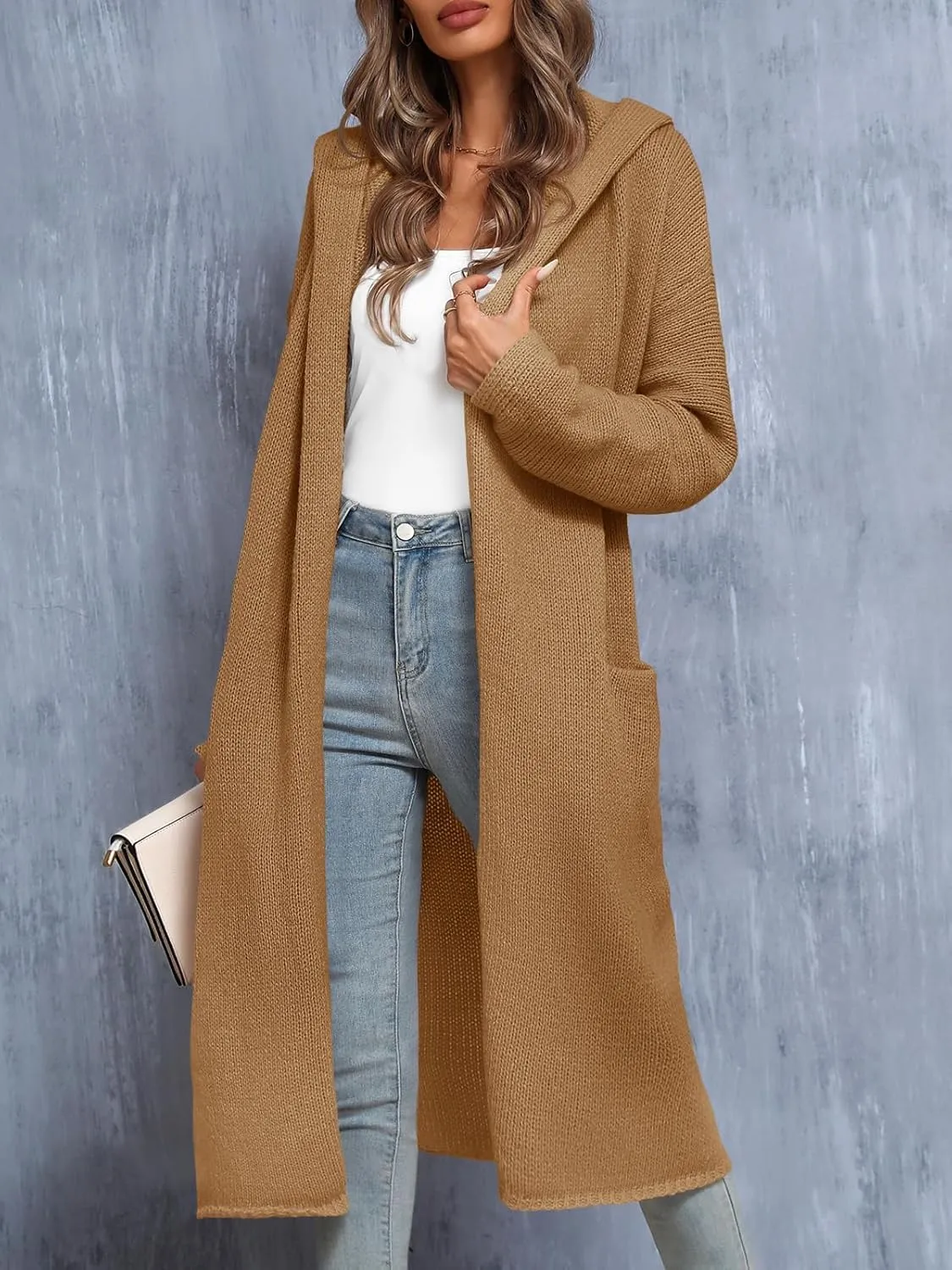 Saodimallsu Womens Oversized Long Cardigan Hooded Chunky Knit Open Front Sweaters with Pockets