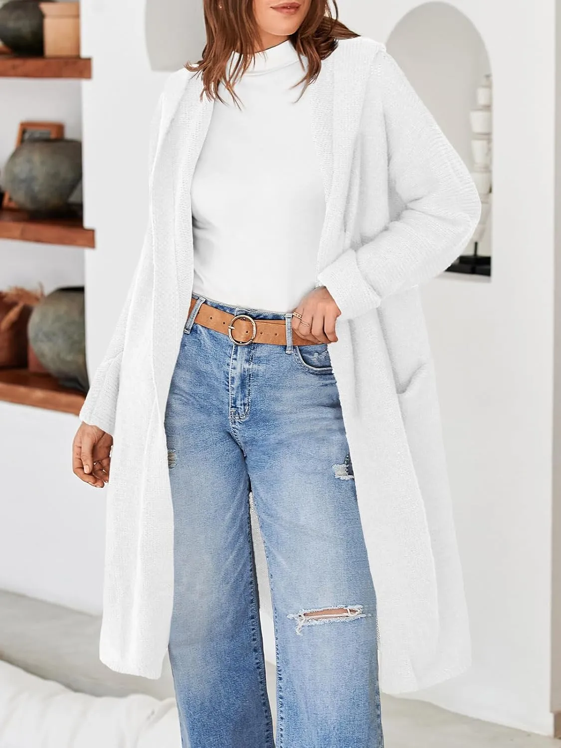 Saodimallsu Womens Oversized Long Cardigan Hooded Chunky Knit Open Front Sweaters with Pockets
