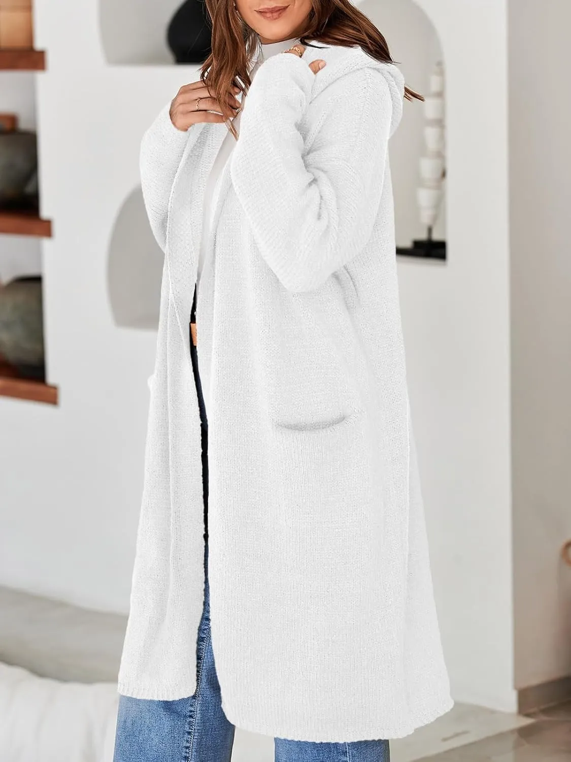 Saodimallsu Womens Oversized Long Cardigan Hooded Chunky Knit Open Front Sweaters with Pockets