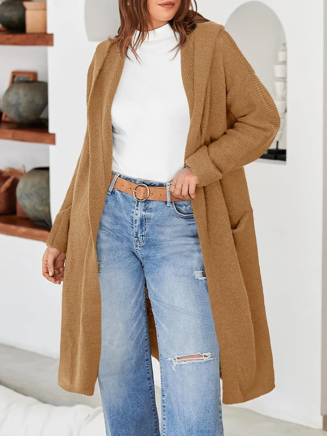 Saodimallsu Womens Oversized Long Cardigan Hooded Chunky Knit Open Front Sweaters with Pockets