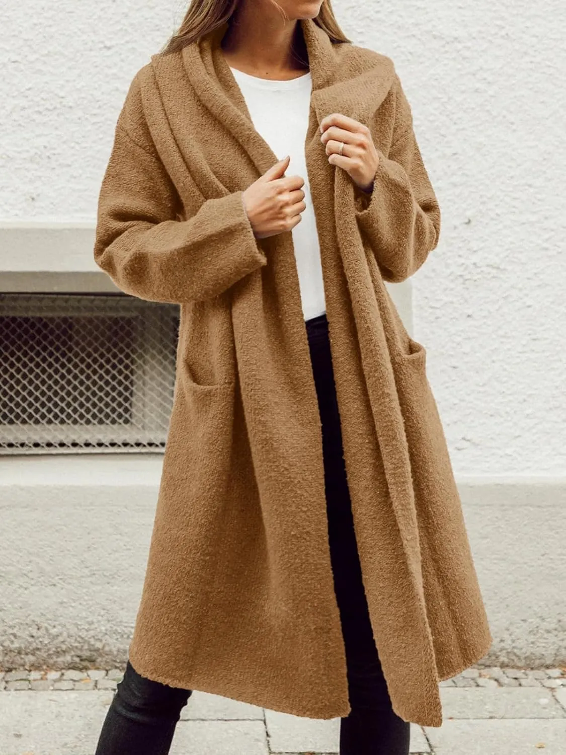 Saodimallsu Womens Oversized Long Cardigan Hooded Chunky Knit Open Front Sweaters with Pockets