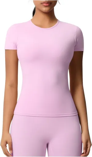 Seamless Workout Tops for Women Short Sleeve Athletic Tees Round Neck Breathable Gym Running Yoga Shirts