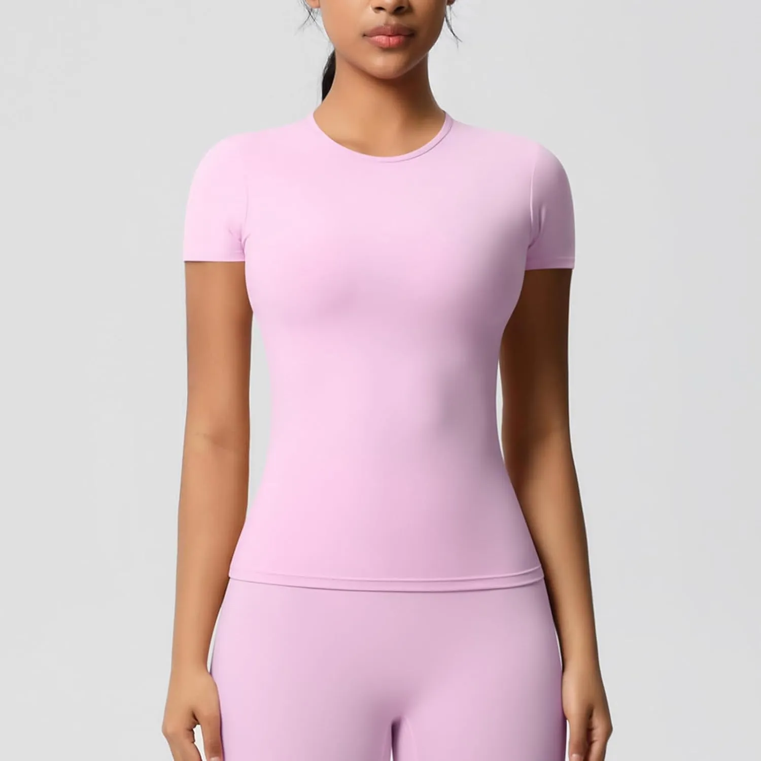 Seamless Workout Tops for Women Short Sleeve Athletic Tees Round Neck Breathable Gym Running Yoga Shirts