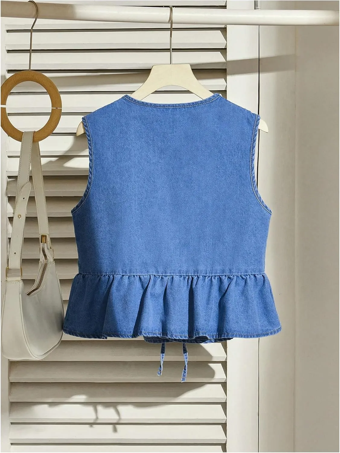 SHENHE Women's Y2k Tie Front Denim Vest V Neck Ruffle Hem Sleeveless Peplum Jean Top Shirt