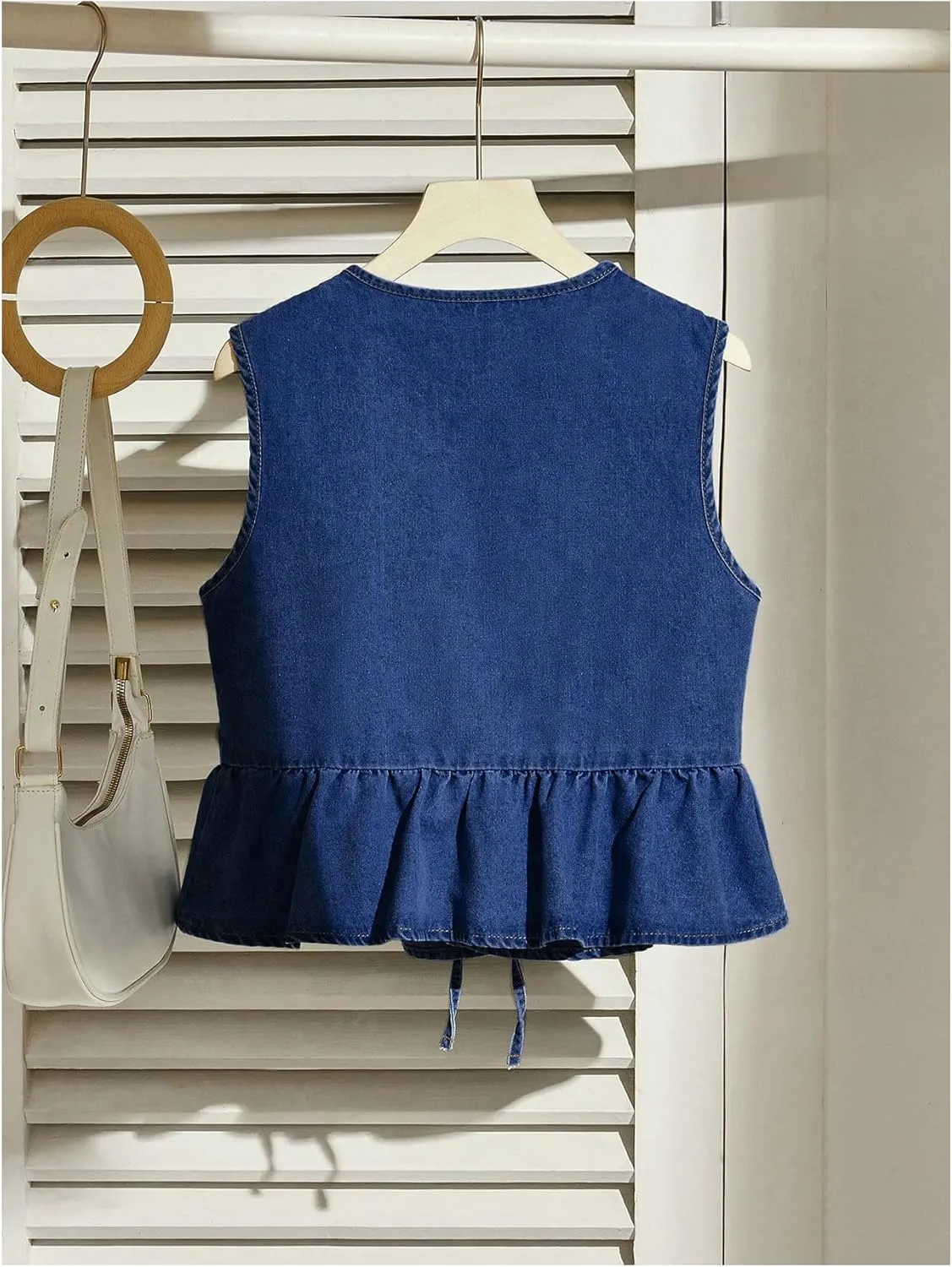 SHENHE Women's Y2k Tie Front Denim Vest V Neck Ruffle Hem Sleeveless Peplum Jean Top Shirt