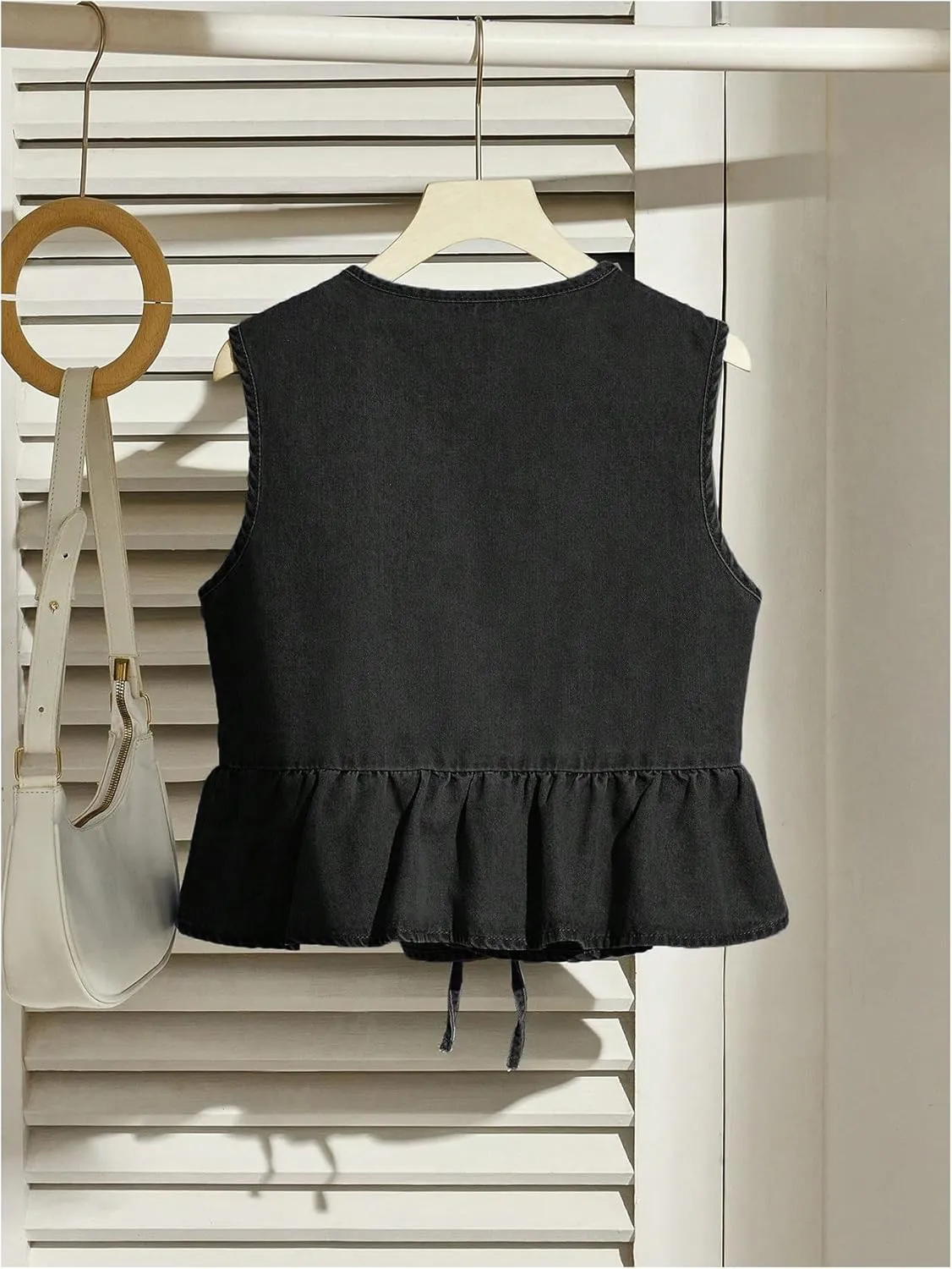 SHENHE Women's Y2k Tie Front Denim Vest V Neck Ruffle Hem Sleeveless Peplum Jean Top Shirt