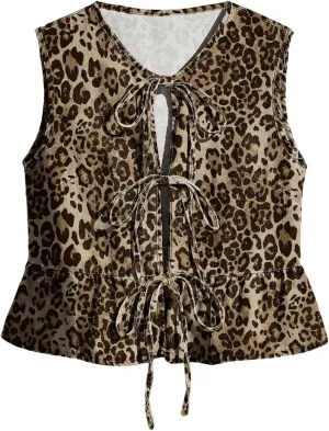 SHENHE Women's Y2k Tie Front Denim Vest V Neck Ruffle Hem Sleeveless Peplum Jean Top Shirt