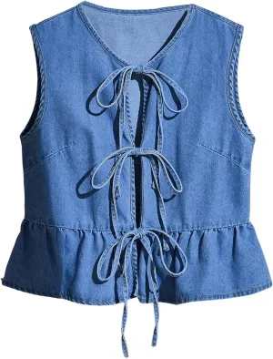 SHENHE Women's Y2k Tie Front Denim Vest V Neck Ruffle Hem Sleeveless Peplum Jean Top Shirt