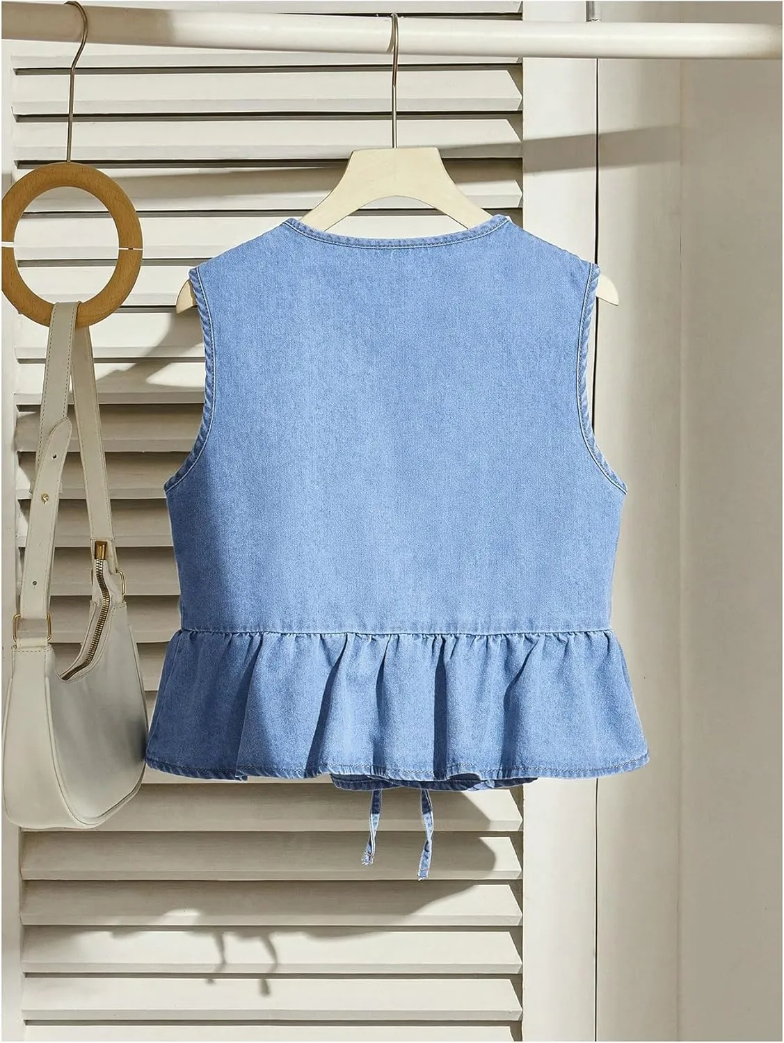 SHENHE Women's Y2k Tie Front Denim Vest V Neck Ruffle Hem Sleeveless Peplum Jean Top Shirt