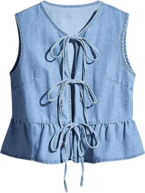 SHENHE Women's Y2k Tie Front Denim Vest V Neck Ruffle Hem Sleeveless Peplum Jean Top Shirt