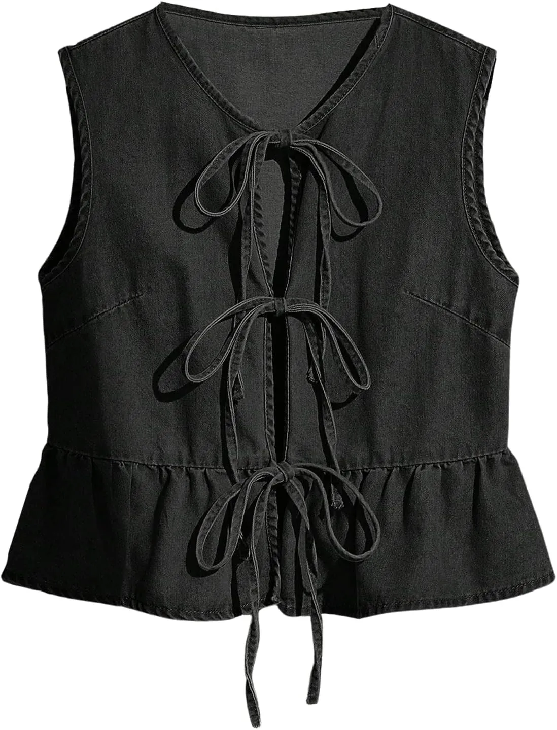 SHENHE Women's Y2k Tie Front Denim Vest V Neck Ruffle Hem Sleeveless Peplum Jean Top Shirt