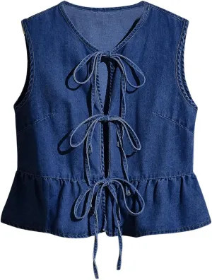 SHENHE Women's Y2k Tie Front Denim Vest V Neck Ruffle Hem Sleeveless Peplum Jean Top Shirt