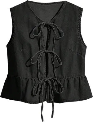 SHENHE Women's Y2k Tie Front Denim Vest V Neck Ruffle Hem Sleeveless Peplum Jean Top Shirt