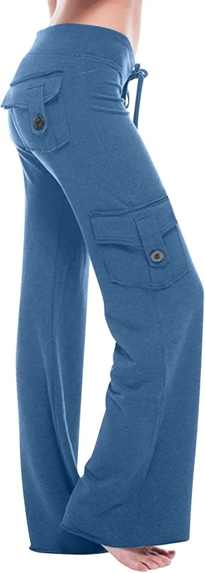 SHOPESSA Wide Leg Cargo Pants for Women High Rise Yoga Leggings with Pockets Plus Size Y2K Drawstring Straight Leg Pants