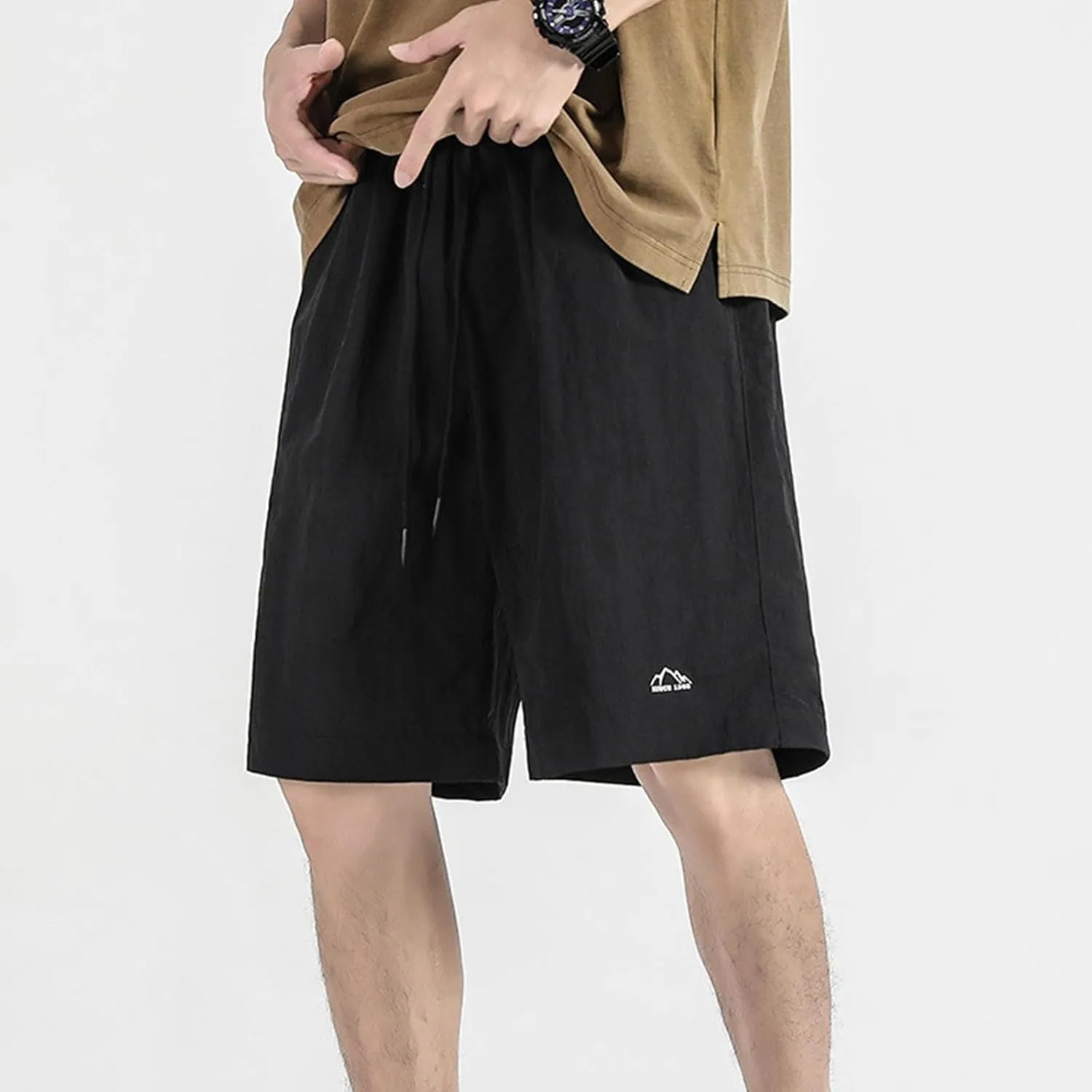 Shorts for Men Summer Embroidered Loose Fit Drawstring Ice Silk 5 Inch Casual Shorts