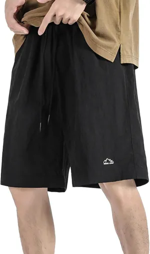 Shorts for Men Summer Embroidered Loose Fit Drawstring Ice Silk 5 Inch Casual Shorts