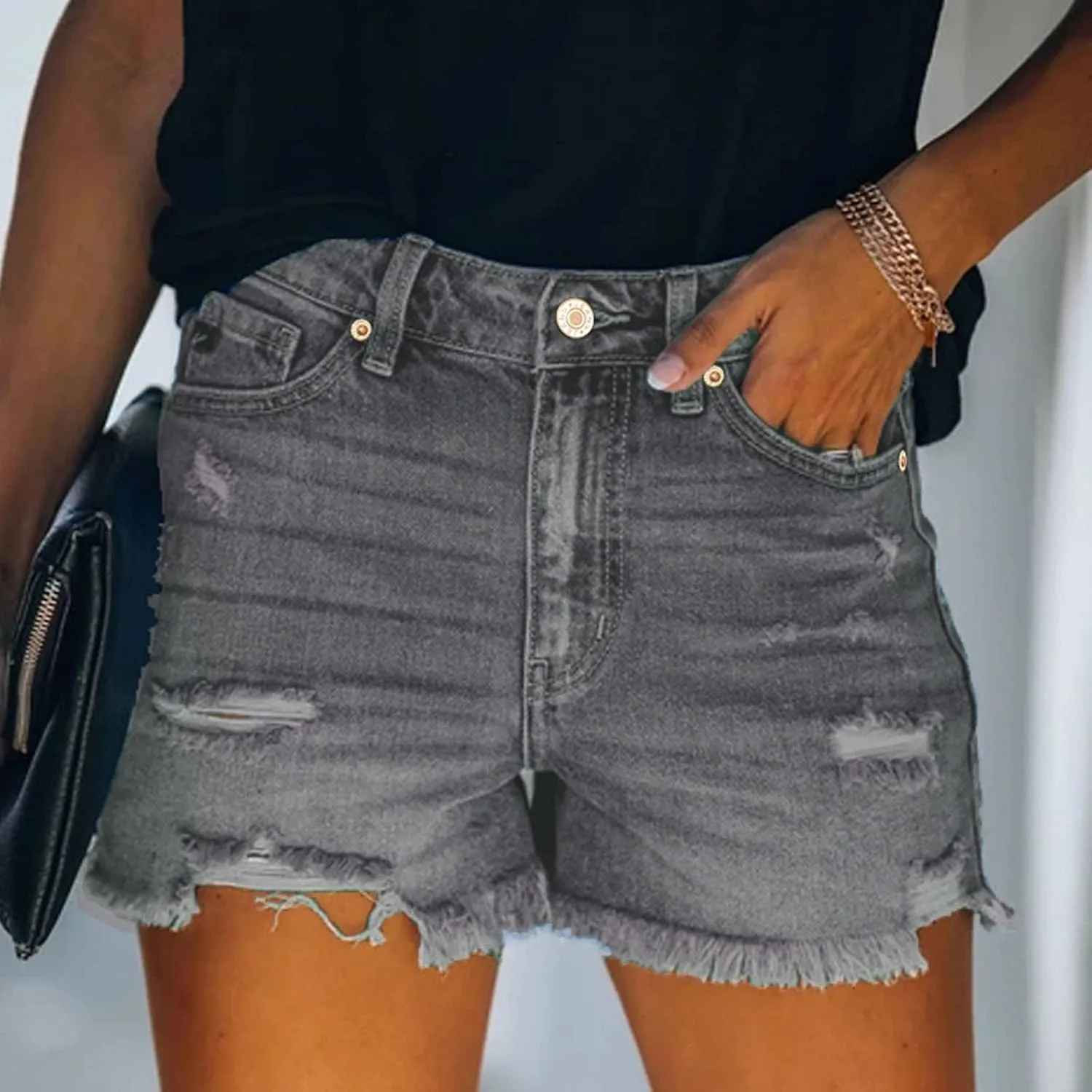 Sinzelimin Womens Jeans Shorts High Waisted Ripped Frayed Raw Hem Stretchy Denim Shorts 2024 Summer Fashion Beach Shorts