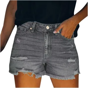 Sinzelimin Womens Jeans Shorts High Waisted Ripped Frayed Raw Hem Stretchy Denim Shorts 2024 Summer Fashion Beach Shorts
