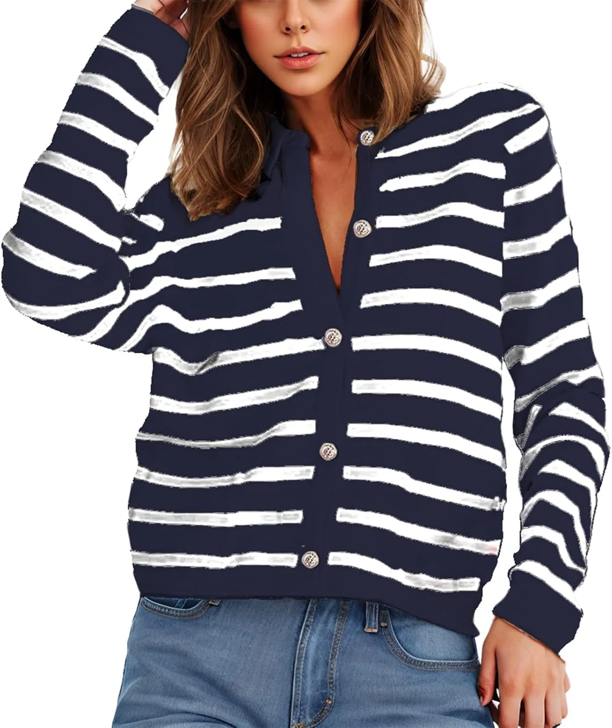 Sinzelimin Women's Open Front Cardigan Sweaters Fashion Striped Button Down Cable Knit Chunky Lapel Knitwear Outwear Coats
