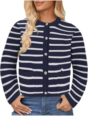 Sinzelimin Women's Open Front Cardigan Sweaters Fashion Striped Button Down Cable Knit Chunky Lapel Knitwear Outwear Coats