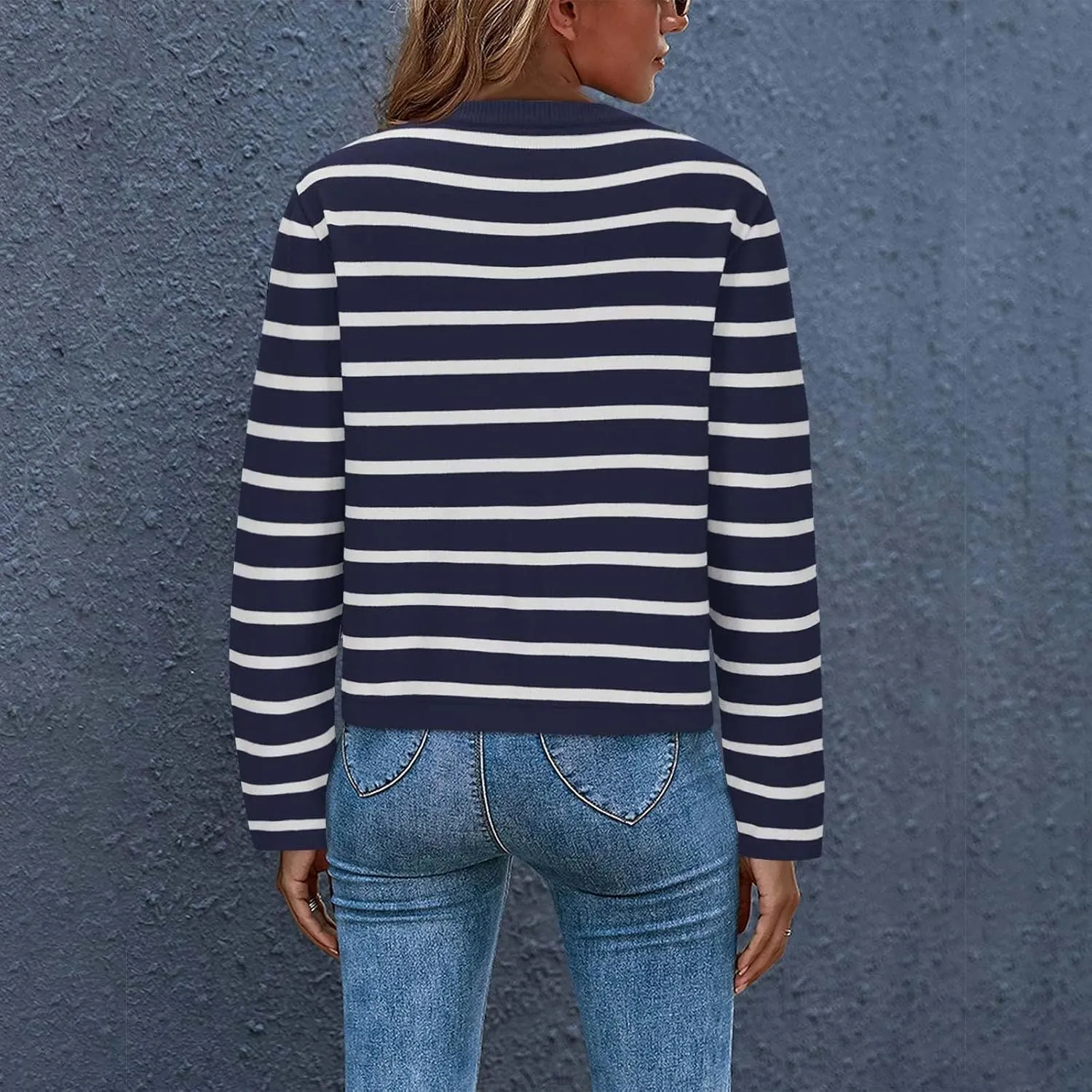 Sinzelimin Women's Open Front Cardigan Sweaters Fashion Striped Button Down Cable Knit Chunky Lapel Knitwear Outwear Coats