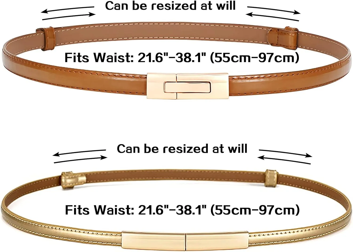 Skinny Leather Belts for Women Slim Waist Belt Patent Leather with Gold Buckle for Dress