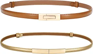 Skinny Leather Belts for Women Slim Waist Belt Patent Leather with Gold Buckle for Dress