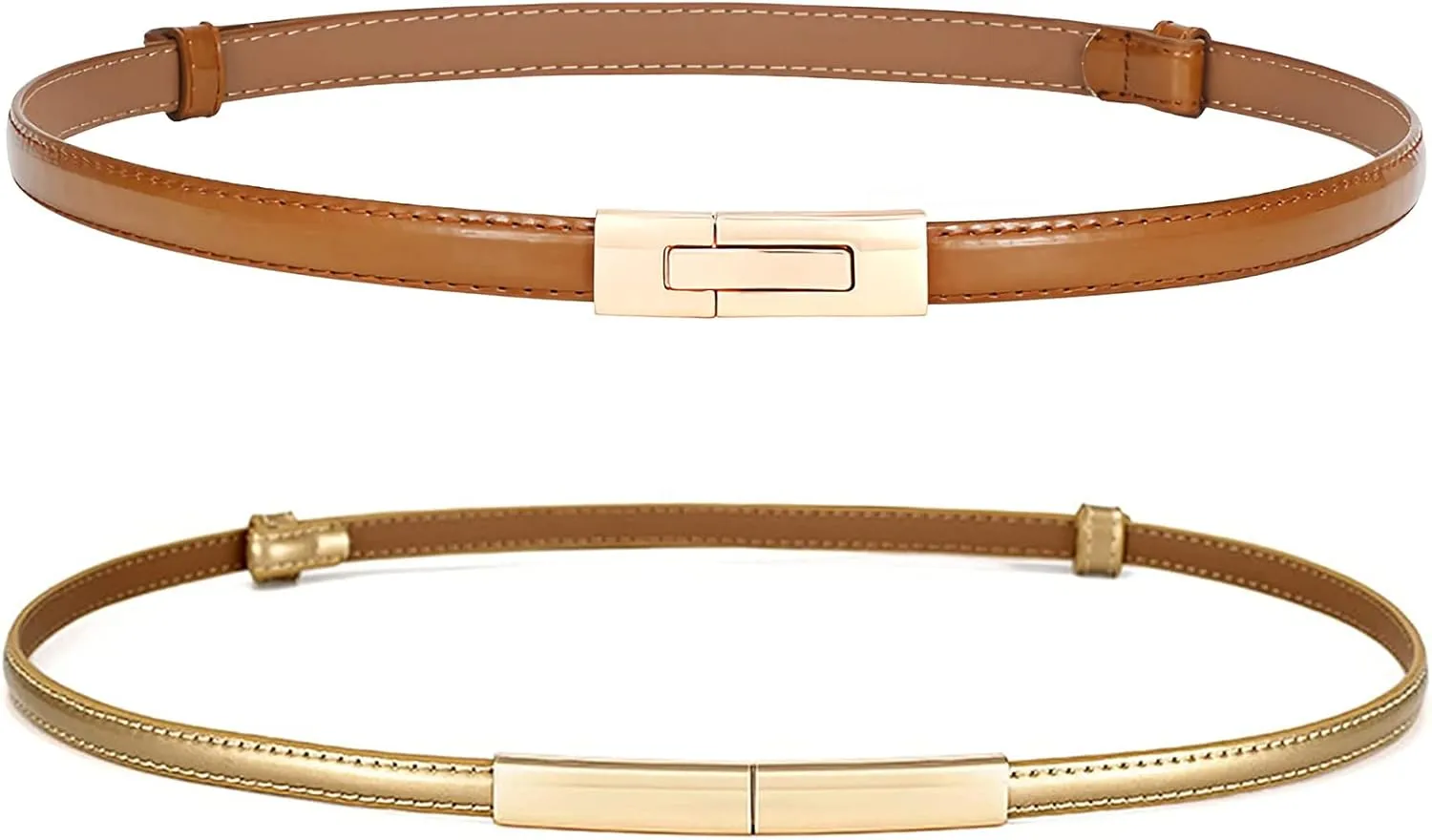 Skinny Leather Belts for Women Slim Waist Belt Patent Leather with Gold Buckle for Dress