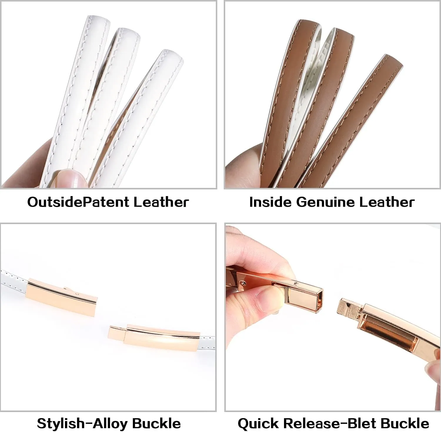 Skinny Leather Belts for Women Slim Waist Belt Patent Leather with Gold Buckle for Dress