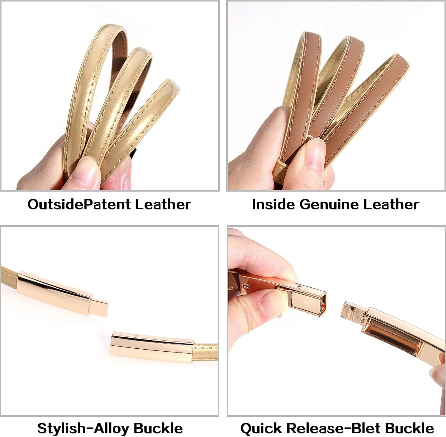 Skinny Leather Belts for Women Slim Waist Belt Patent Leather with Gold Buckle for Dress