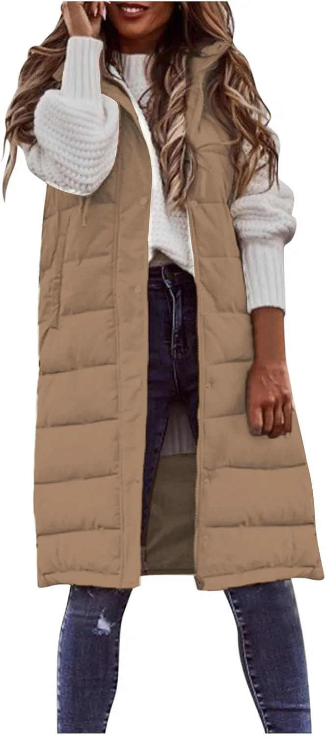 Smoneyful Women's Long Vest Sleeveless Lightweight Puffer Jacket Packable Hooded Down Coat Quilted Vest with Hood Winter