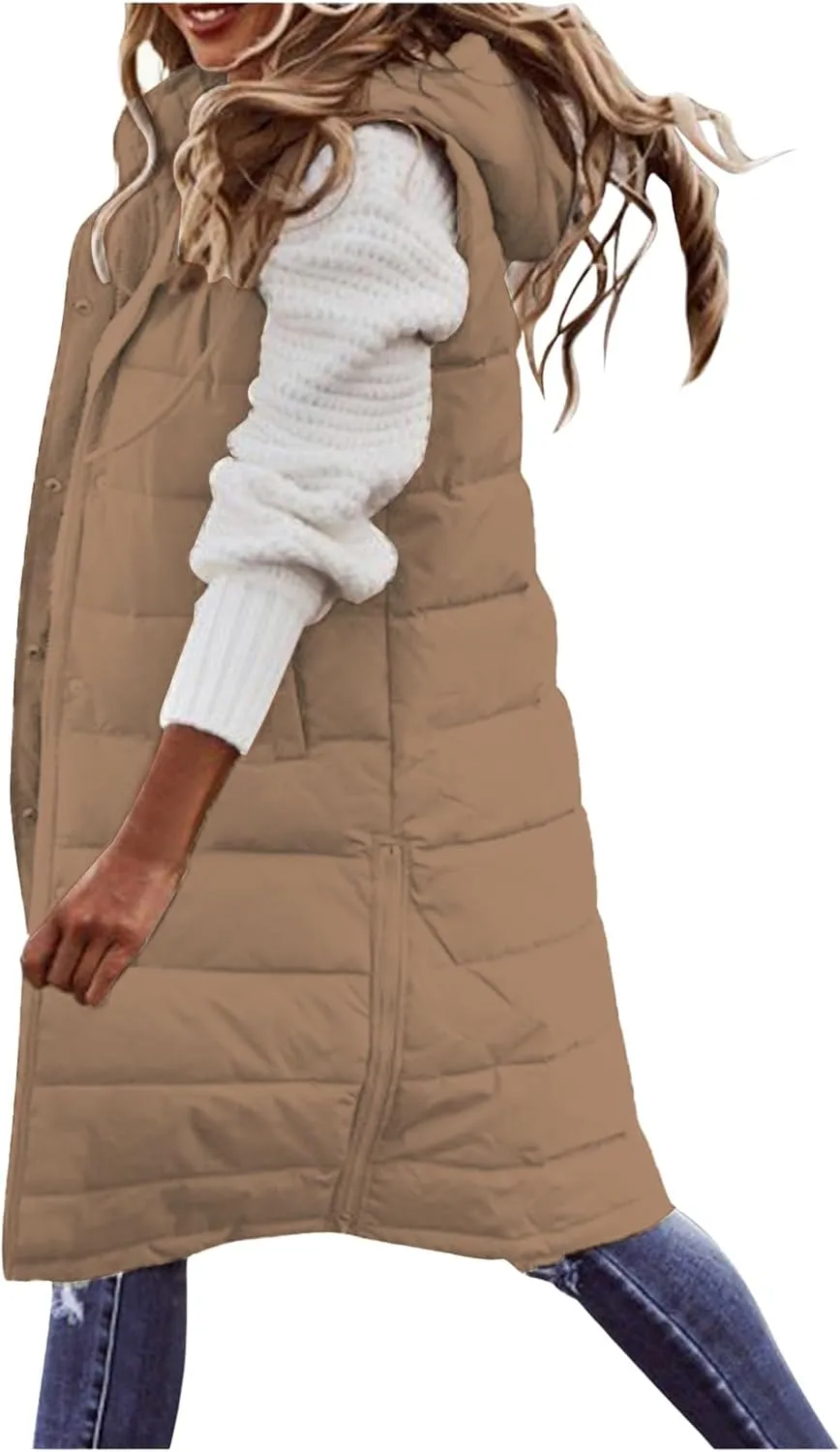 Smoneyful Women's Long Vest Sleeveless Lightweight Puffer Jacket Packable Hooded Down Coat Quilted Vest with Hood Winter
