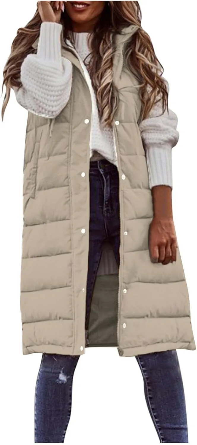Smoneyful Women's Long Vest Sleeveless Lightweight Puffer Jacket Packable Hooded Down Coat Quilted Vest with Hood Winter