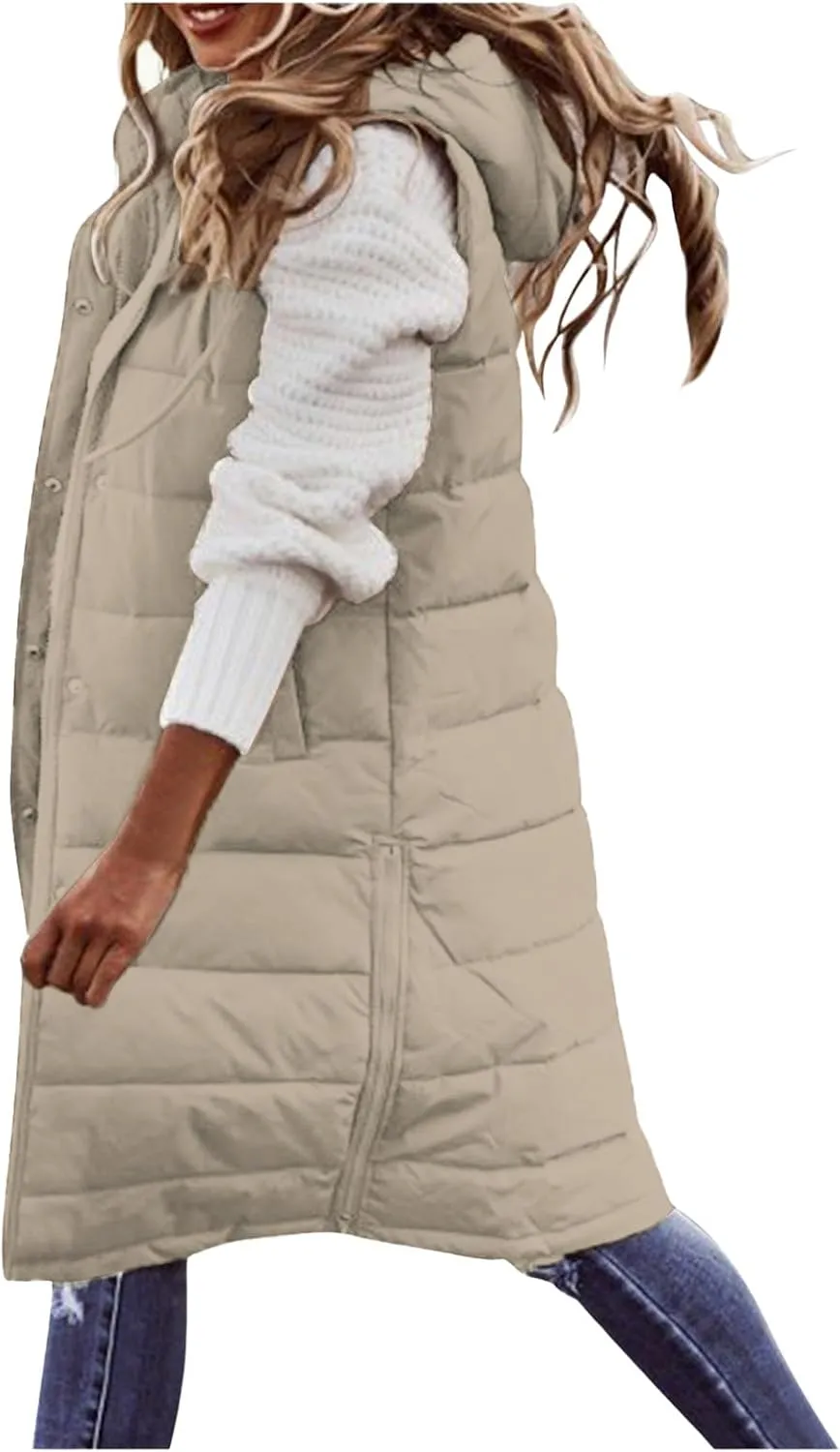 Smoneyful Women's Long Vest Sleeveless Lightweight Puffer Jacket Packable Hooded Down Coat Quilted Vest with Hood Winter
