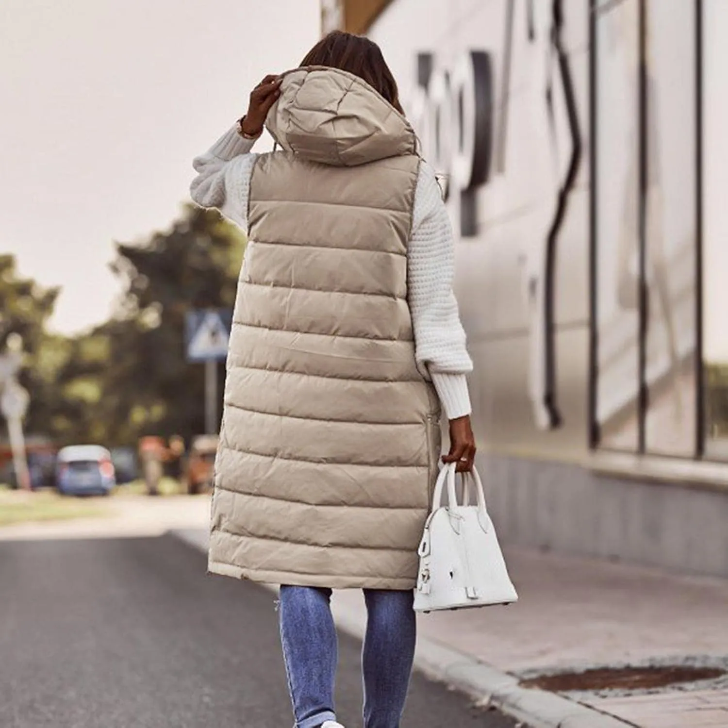 Smoneyful Women's Long Vest Sleeveless Lightweight Puffer Jacket Packable Hooded Down Coat Quilted Vest with Hood Winter