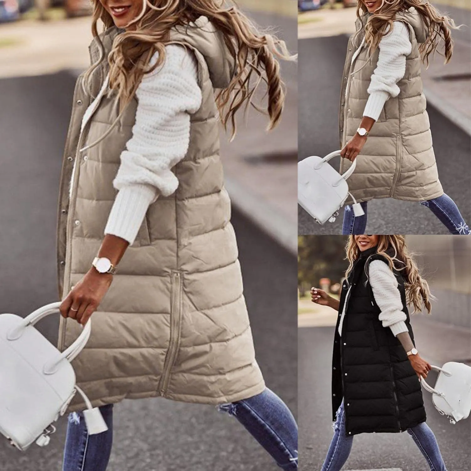 Smoneyful Women's Long Vest Sleeveless Lightweight Puffer Jacket Packable Hooded Down Coat Quilted Vest with Hood Winter