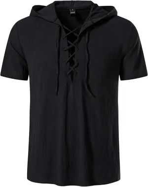 Soluo Men's Cotton Linen Hooded Shirt Short Sleeve V-Neck Drawstring Hoodies T-Shirts Lightweight Hippie Yoga Tee Tops
