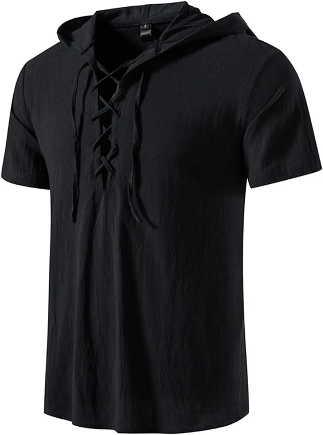 Soluo Men's Cotton Linen Hooded Shirt Short Sleeve V-Neck Drawstring Hoodies T-Shirts Lightweight Hippie Yoga Tee Tops