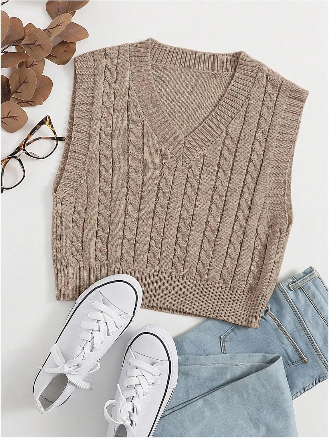 SOLY HUX Women's Cable Knit V Neck Sweater Vest Sleeveless Casual Cropped Knit Vest