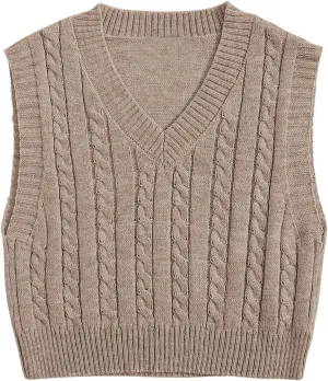 SOLY HUX Women's Cable Knit V Neck Sweater Vest Sleeveless Casual Cropped Knit Vest