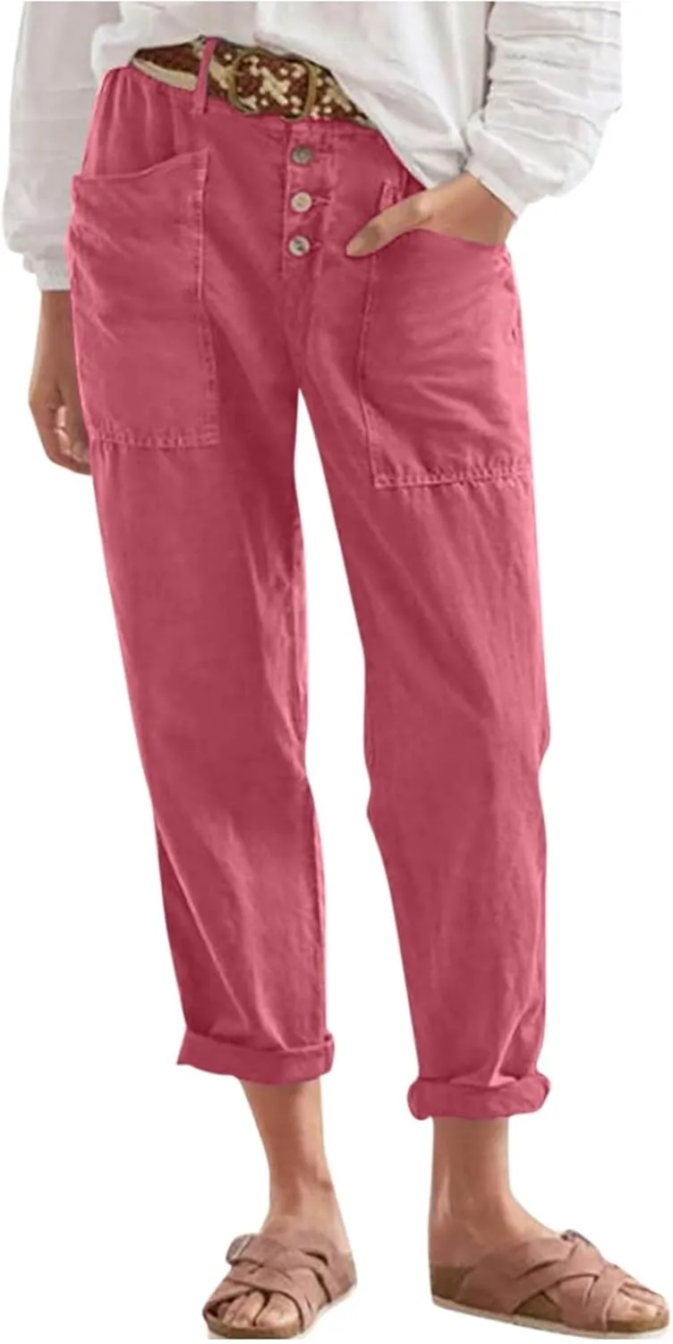 Straight Leg Linen Pants Women Trendy Button Fly Plus Size Cropped Pants Casual Cuffed Hem Loose Pants