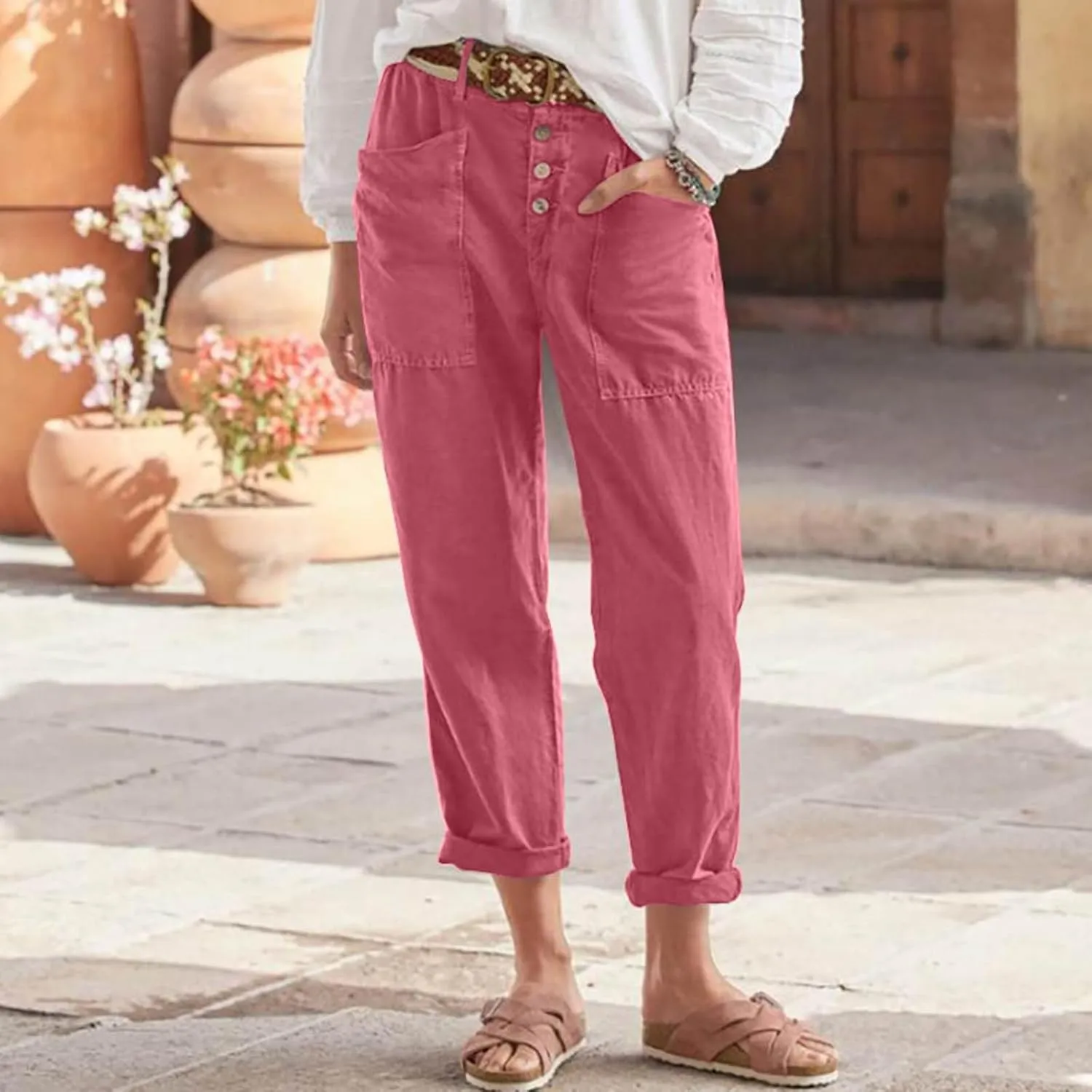 Straight Leg Linen Pants Women Trendy Button Fly Plus Size Cropped Pants Casual Cuffed Hem Loose Pants