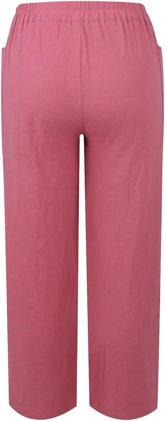 Straight Leg Linen Pants Women Trendy Button Fly Plus Size Cropped Pants Casual Cuffed Hem Loose Pants