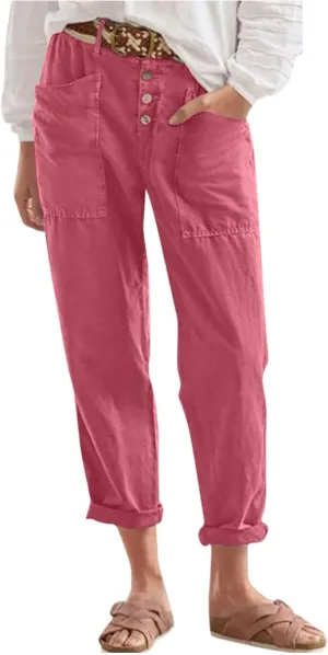 Straight Leg Linen Pants Women Trendy Button Fly Plus Size Cropped Pants Casual Cuffed Hem Loose Pants